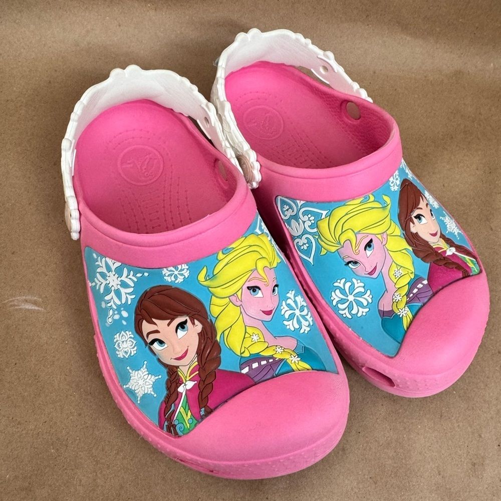Crocs Pink Frozen Anna and Elsa Clog Sandals. Size J2